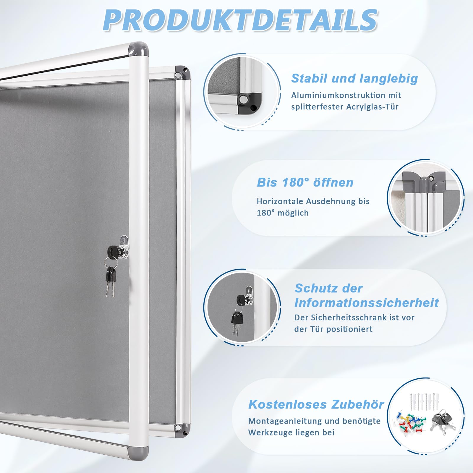 MAKELLO Schaukasten 4xA4 Alu Infokasten Plakatschaukasten Innen, Abschließbar, FilzrüCkwand, Grau - 67x 50cm