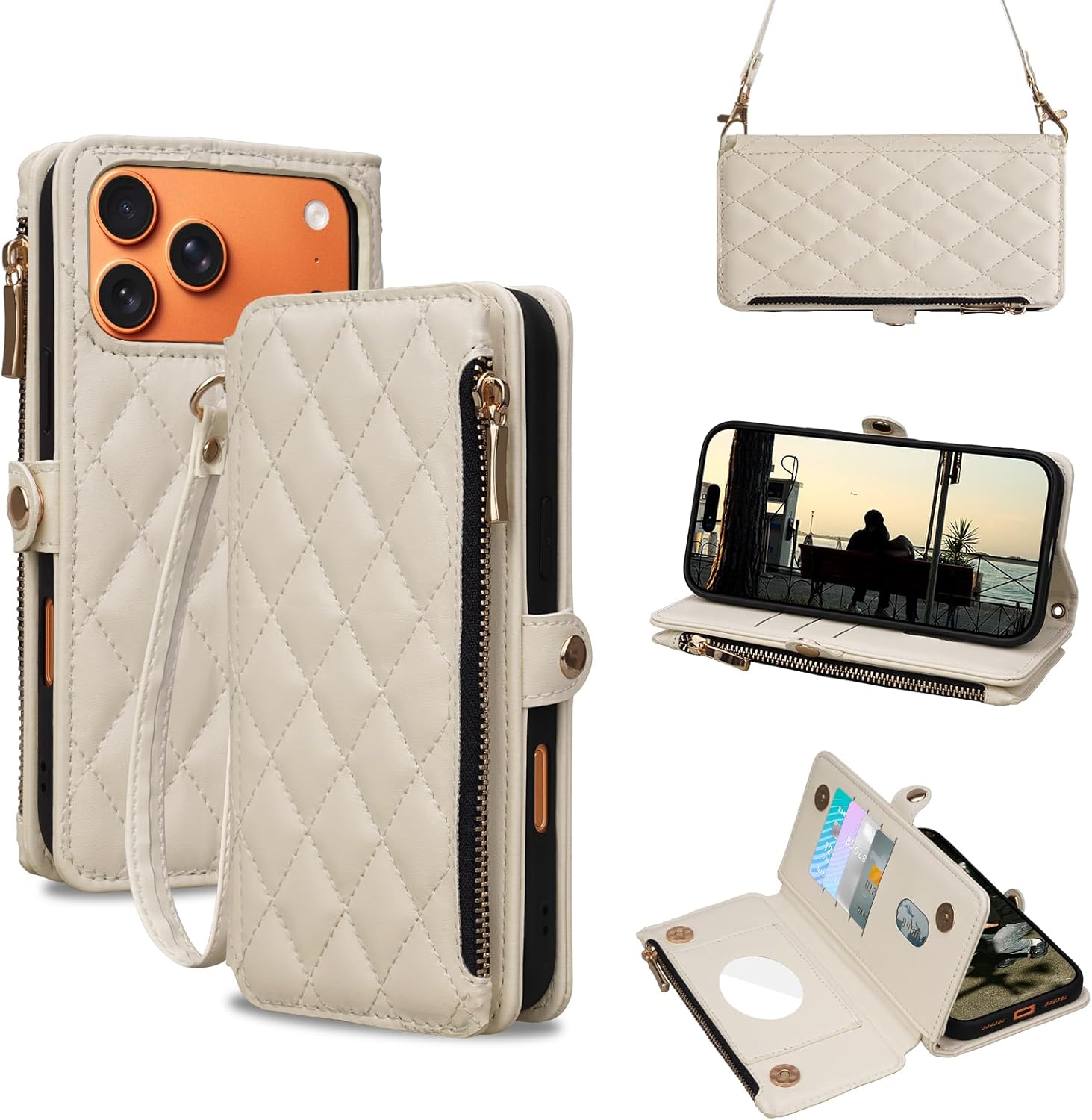 Rssviss Crossbody Wallet Case for iPhone 17 Pro Max 6.9", with Make Up Mirror, Wrist Strap, Zipper Purse Magnetic Flip, RFID Blocking Card Holder Kickstand, PU Leather Shockproof Women, Black