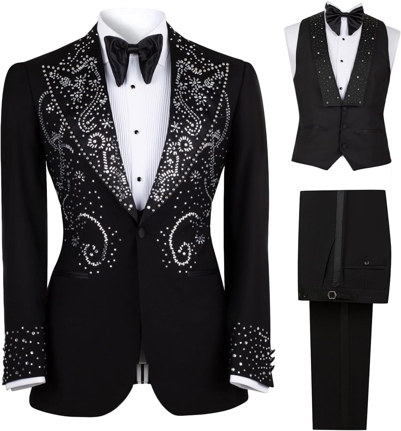 Luxury Men's Tuxedo Handmade Gold Beads Formal One Button Blazers Black Slim Prom Jacket for Wedding，Party，Dinner