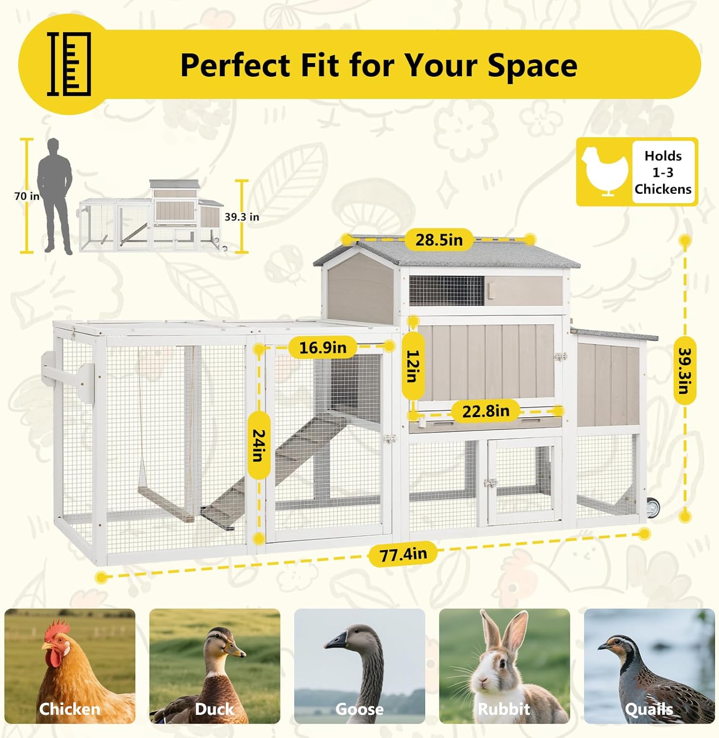 78" Wooden Chicken Coop with Nesting Box, Poultry Cage with Wheel Leak Proof Pull-on Tray and Asphalt Waterproof Roof, Hen House for Garden Backyard Farm