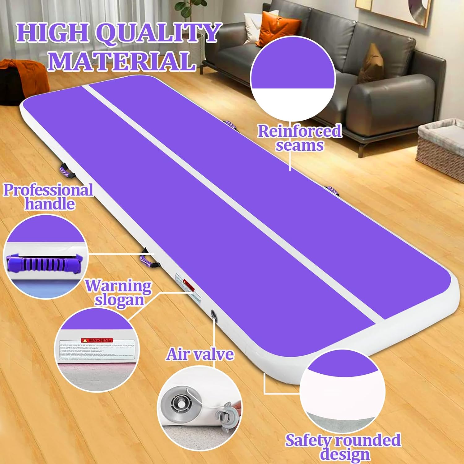Air Mat Tumble Track, Gymnastics Mats Tumbling Track with Electric Air Pump for Home Use Cheerleading Training Kids Gym Yoga Purple/Purple 10ftx3.3ftx4inch
