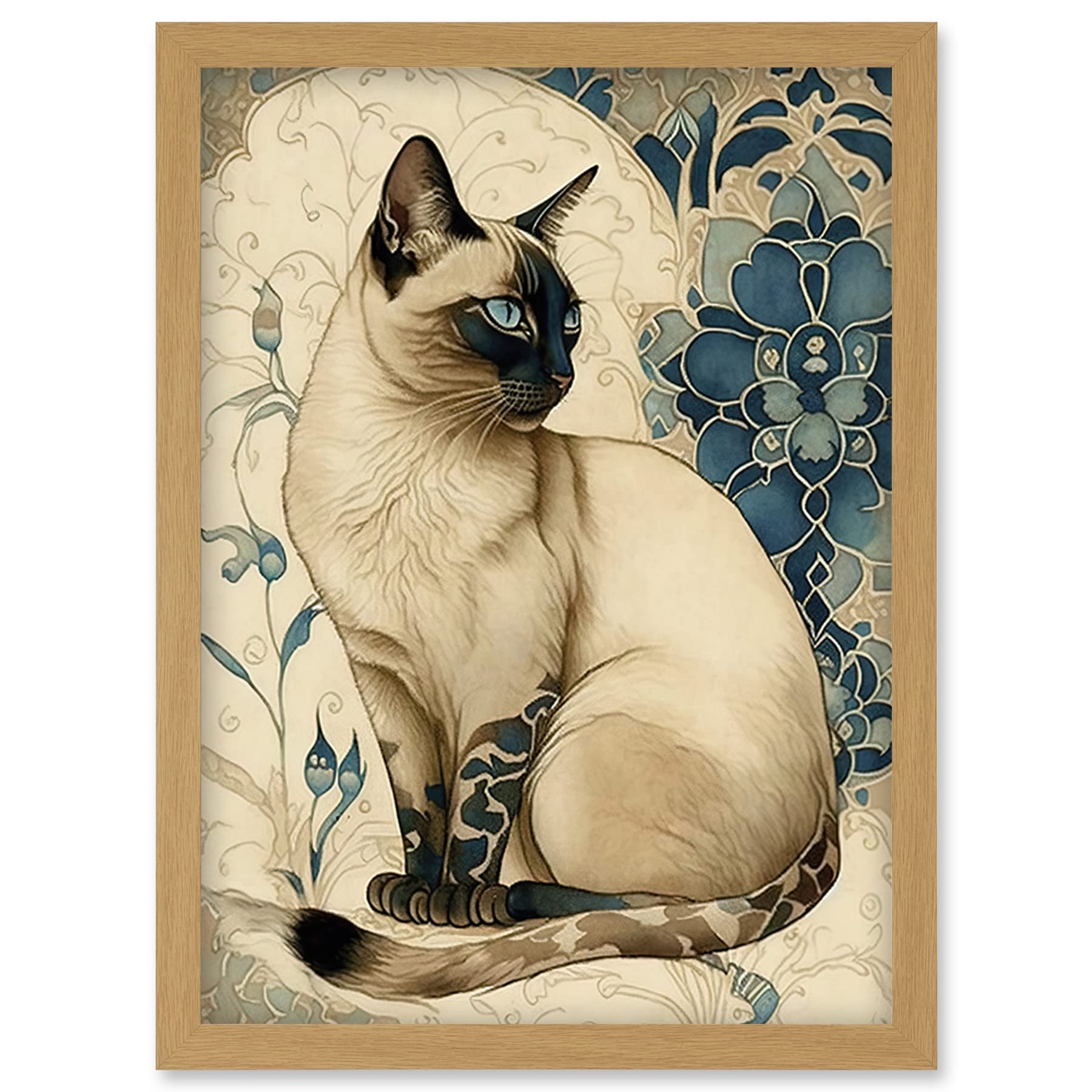 Artery8 Siamese Cat with Blue Flower Pattern Modern Art Nouveau Watercolour Illustration Artwork Framed Wall Art Print A4