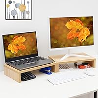 Vista 8 de TEAMIX Soporte elevador para monitor de madera, paquete de 2 elevadores ajustables para monitor dual para computadora portátil/PC