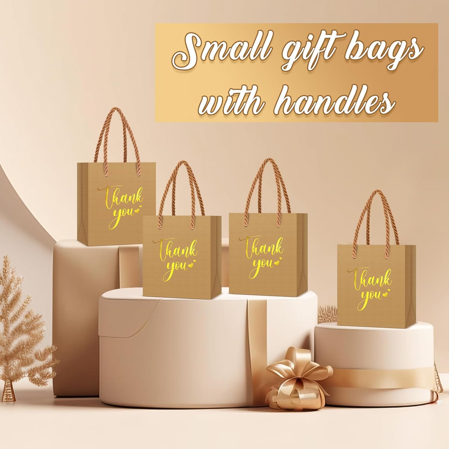 Honoson 30 Pcs Mini Gift Bag with Handle 4 x 2.75 x 4.5'' Small Thank You Bag Foil Paper Tote for Valentine's Day Wedding Baby Shower Birthday Graduation Party Favor Supplies(Kraft Color/Gold) - Image 5
