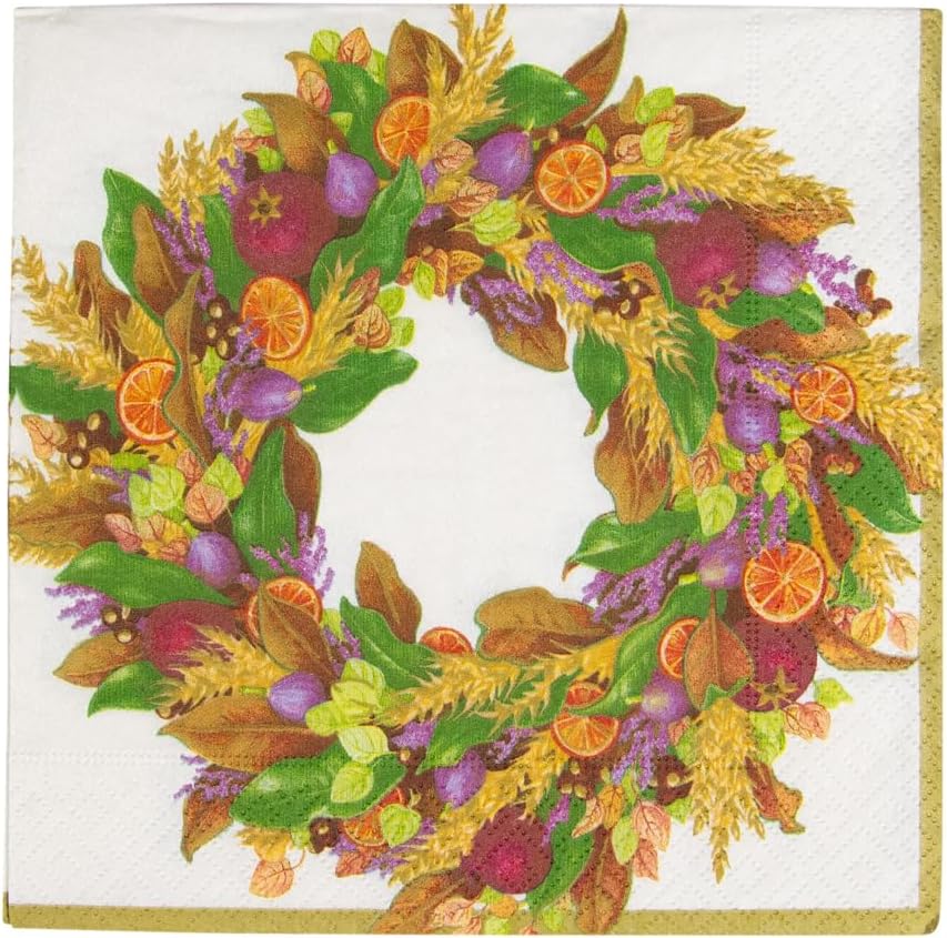 Caspari Autumn Wreath Paper Luncheon Napkins in Ivory - Four Packs of 20