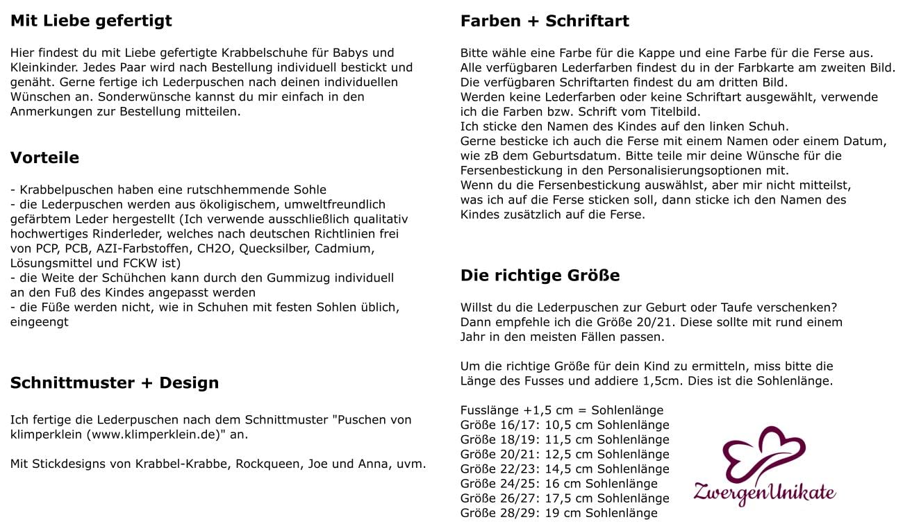 ZwergenUnikate Krabbelschuhe - Handgefertigte Lederpuschen für Babys und Kleinkinder personalisiert mit Namen - Weiches Leder, ideal für erste Schritte - für Mädchen (Rehkopf)