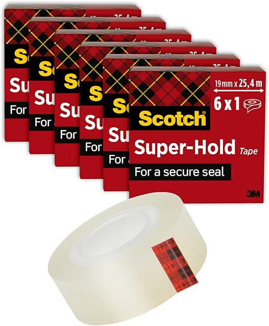 Scotch Super-Hold Secure Tape, 6 Rolls of Adhesive Tape, 19 mm x 25.4 m - 50% More Adhesive, Sticky Tape for a very Secure Seal