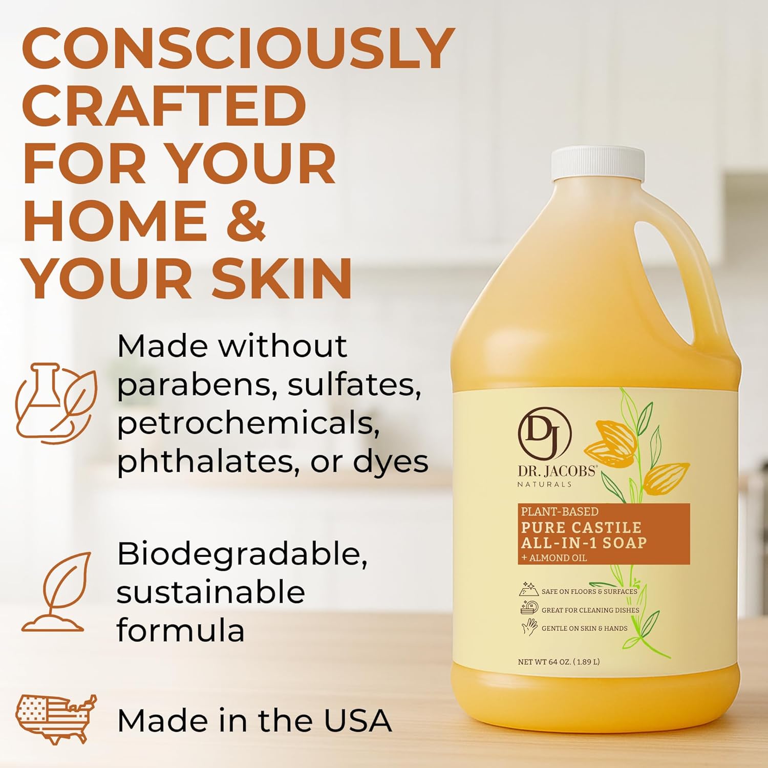 Dr. Jacobs Naturals Pure Castile Soap, 64 oz Value Size - Almond - Made in USA - All-in-One Plant-Based Multipurpose Cleaner for Floors, Counters, Dishes & Laundry, Gentle on Skin, Biodegradable