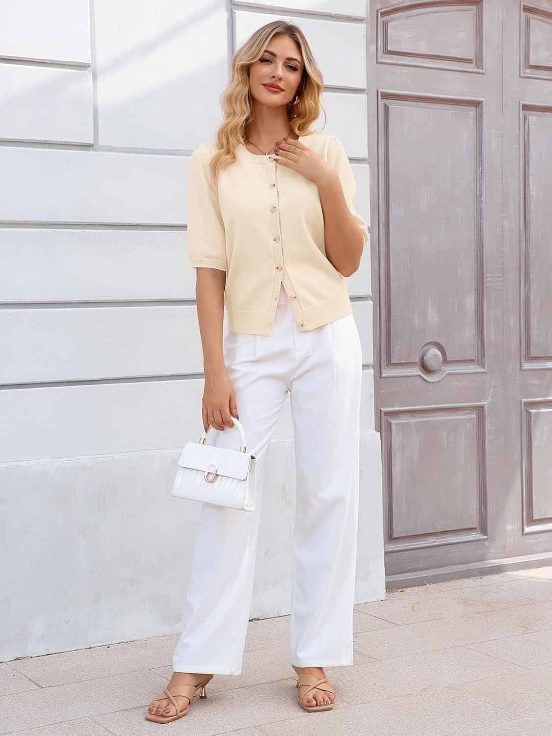 Womens Puff Short Sleeve Cardigan 2026 Summer Button Down Sweater Tops Business Casual Outfit Work Spring Clothes - Image 7