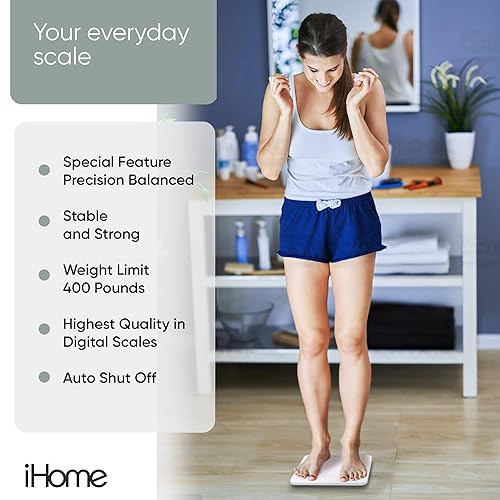 Miniatura 6 de iHome - Báscula digital de baño de alta precisión, funciona con pilas y pantalla LCD, ideal para gimnasio en casa, 396 libras (blanco)