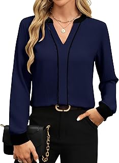 Womens Tops Dressy Casual V Neck Color Block Business Casual Blouses Long Sleeve Work Shirts Fall Trendy Clothes