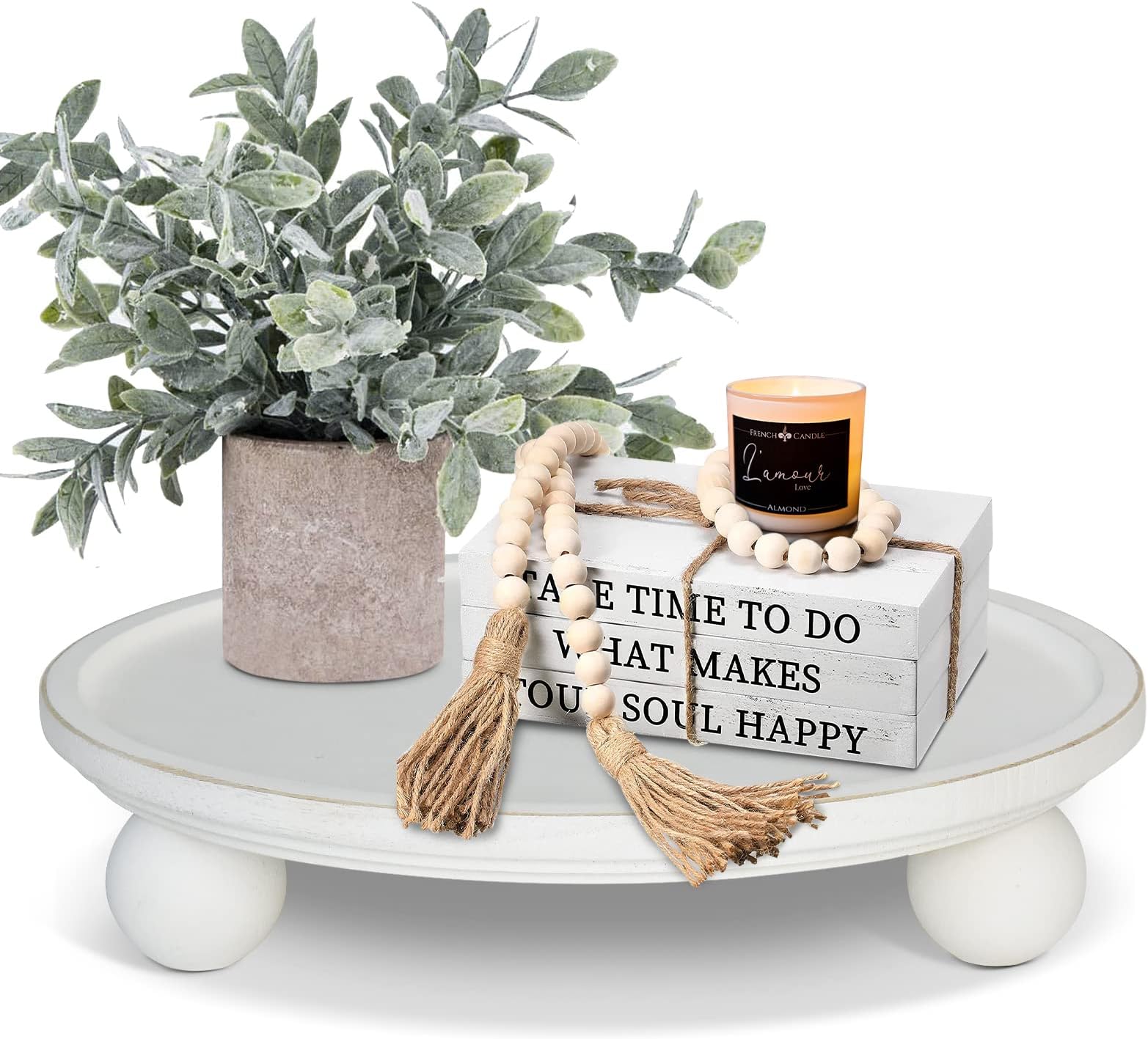 Farmhouse Wood Tray Risers for Display, Wooden Decorative Tray for Kitchen Decor, Pedestal Stand for Countertop, Round Wood Tray with Risers for Soap Dish on Risers, Footed Rustic Cake Stand(White)