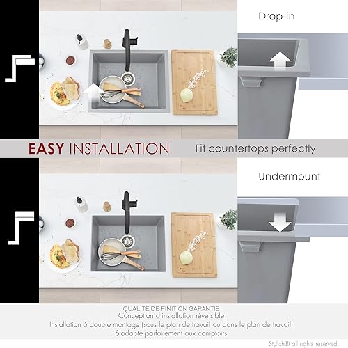 Miniatura 8 de Stylish Fregadero de cocina de 22 x 17.5 pulgadas con caída o empotrado, estación de trabajo de un solo tazón, fregadero de cocina compuesto de