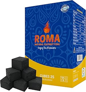 DeNourish ROMA Coconut Charcoal (25mm) 72 Pcs Shisha Coal Cubes 2 Hours Burning Time- Charcoal Hookah Cube No Smoke No Chemicals Perfect for Shisha/Hookah Enthusiasts