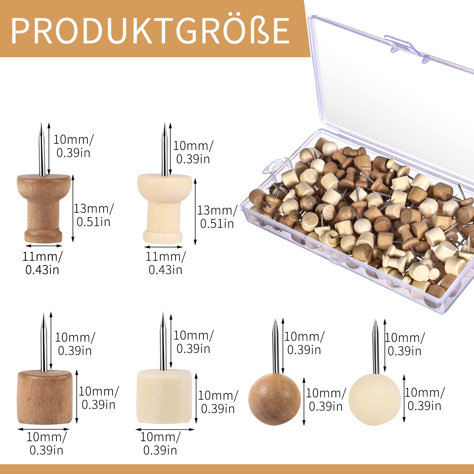 150 sztuk drewnianych pinezek do przypinania, pudełko do przechowywania, pinezki do tablicy korkowej, mapy świata, biura, szkoły, domu (6 stylów)