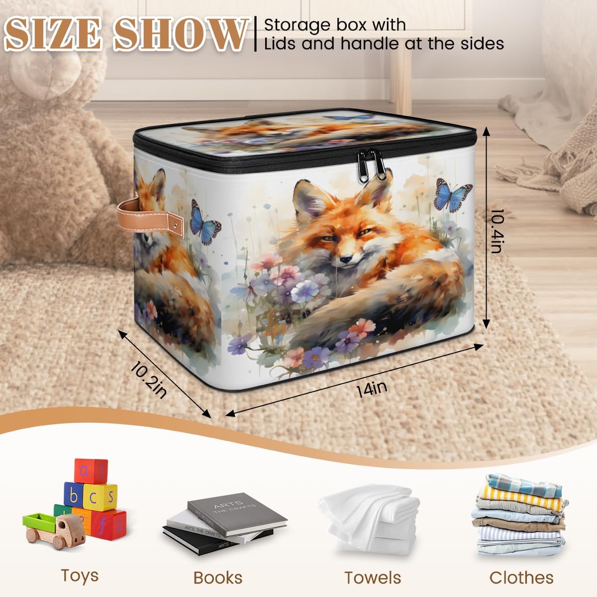 Storage Bin Set of 2 Fox Butterfly Storage Basket with Zipper Lid & Handle Foldable Closet Shelf 2 Pack Cloth Organizer Basket Cube Bins Clothes Organizer for Nursery, Bedroom
