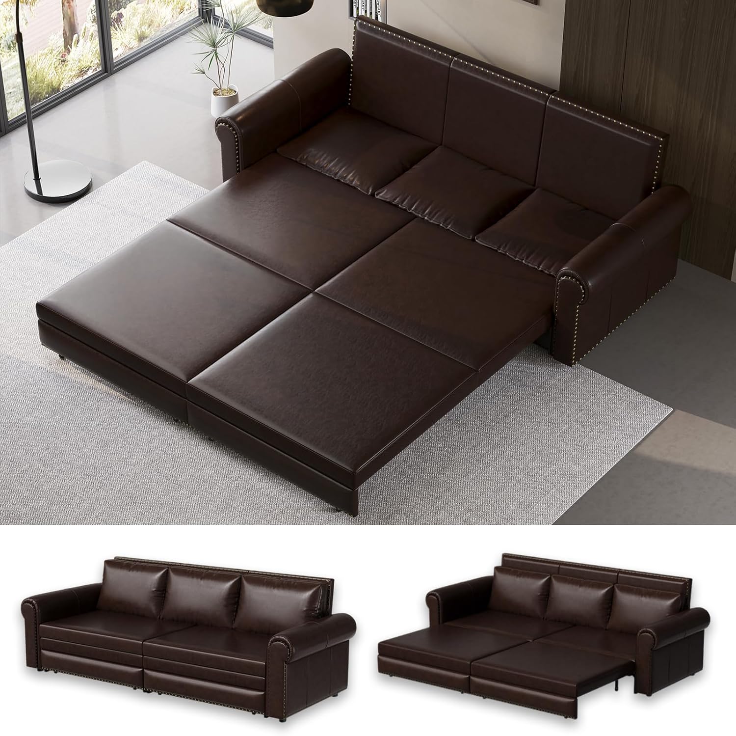 93.7" King Size Sleeper Sofa Bed, Pull Out Sofa Bed, Faux Leather Upholstery, 3 in 1 Convertible Sleeper Couch, Chaise Lounge, Retro Recliner for Living Room, Office, Apartment, Dark Brown