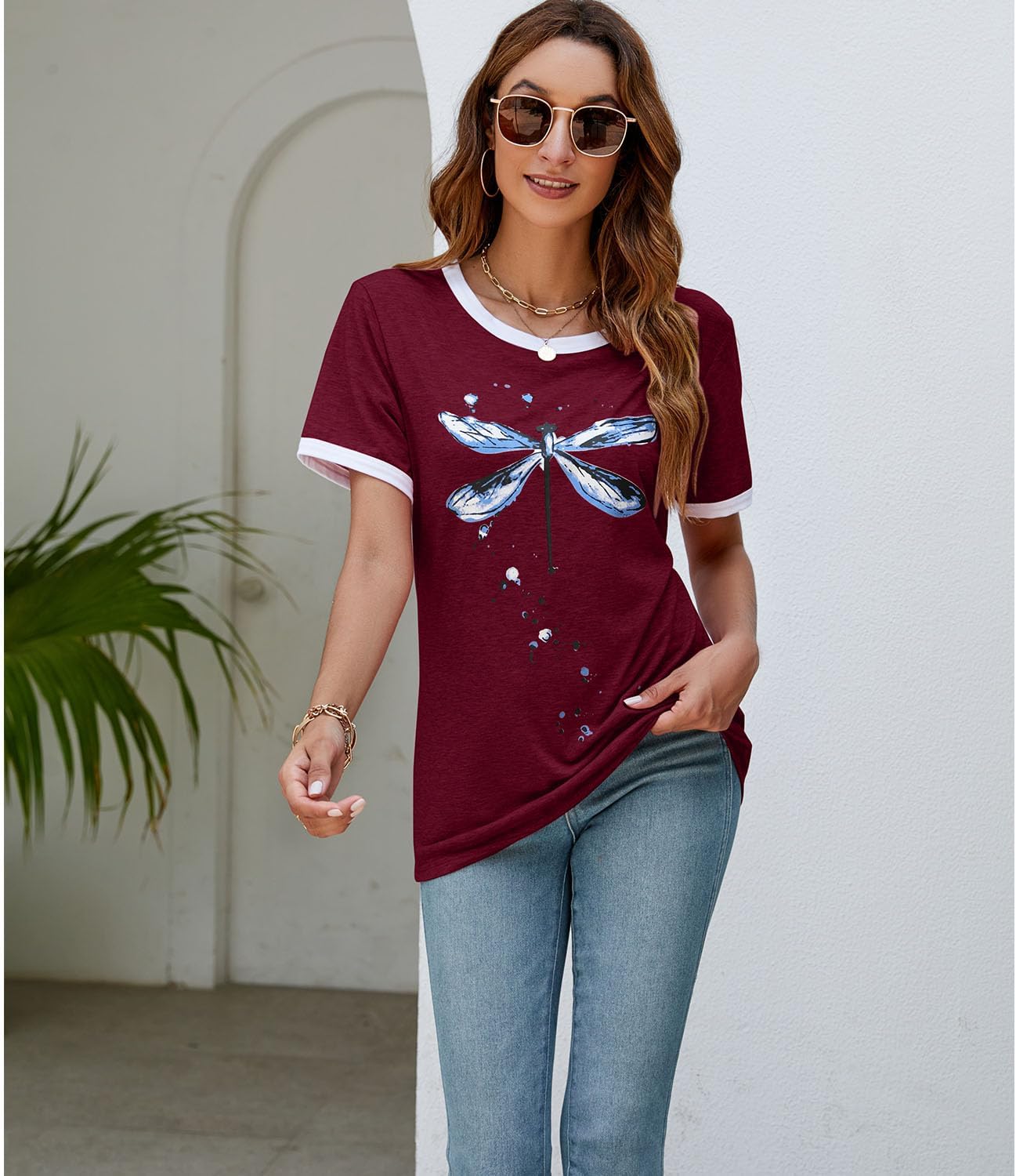 Women's Graphic Tees Casual Summer Funny Dragonfly Printed Short Sleeve Cute T Shirts Tops - Image 3
