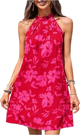 Floerns Women's Sleeveless Floral Sundress Halter Neck A-Line Short Dress