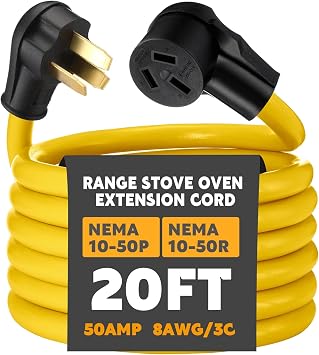 Relaxweex 20ft NEMA 10-50 50Amp Extension Cord NEMA 10-50P Male to 10-50R Female, 50A 3 Prong Electric Range Oven Stove Extension Power Cord, STW 8 AWG/3C Gauge, 250V, 12500W, ETL Listed