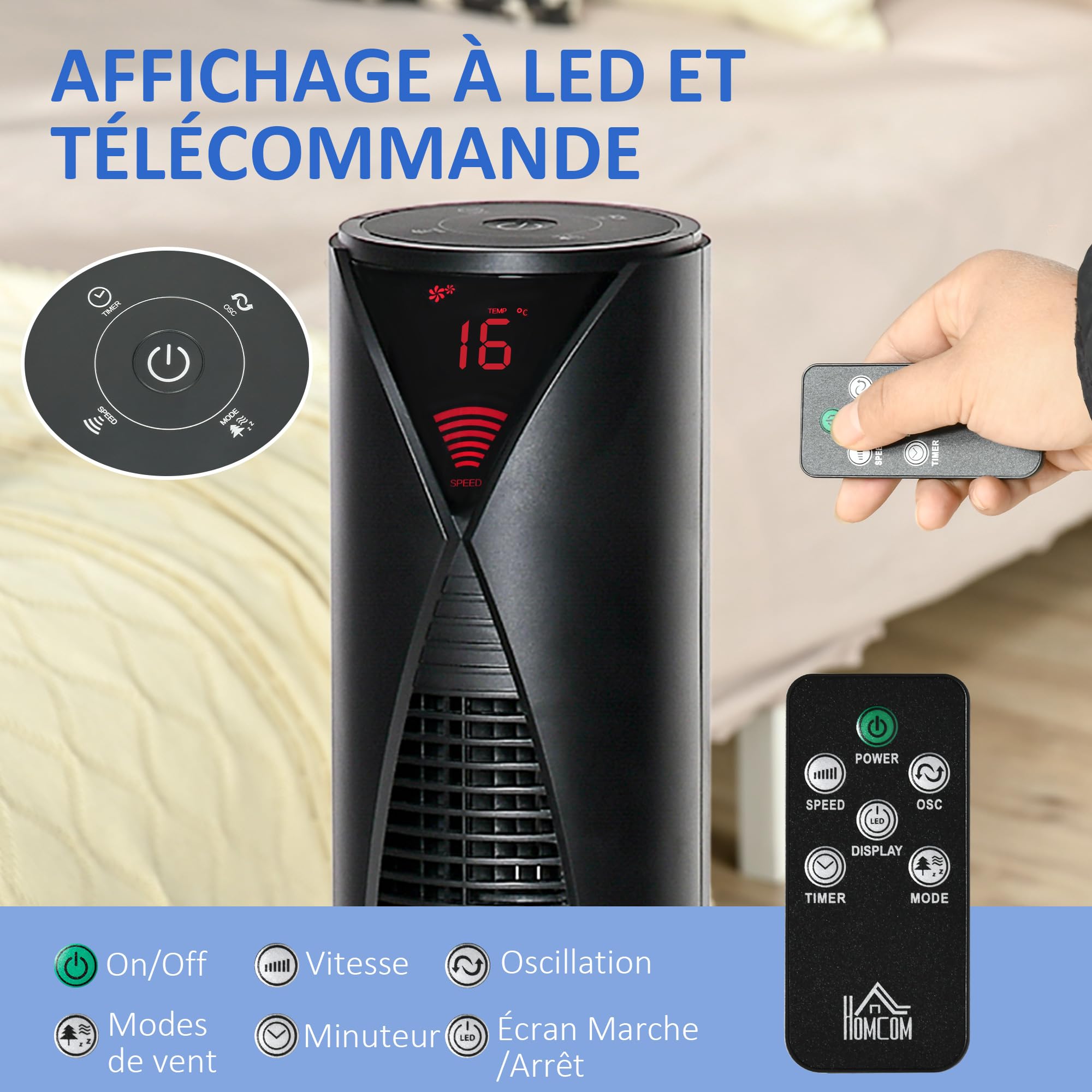 HOMCOM Ventilateur colonne, avec télécommande, minuterie 12 heures, mode veille, 3 vitesses, ventilateur tour oscillant pour maison, chambre à coucher, bureau, noir