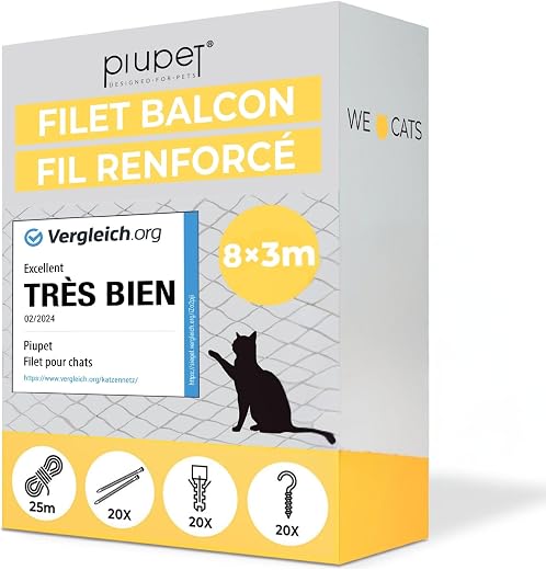 PiuPet® Cat Net Wire-Reinforced 8x3m Black Netting for Balcony and Window | Ideal for Catio and Cat Window Guard