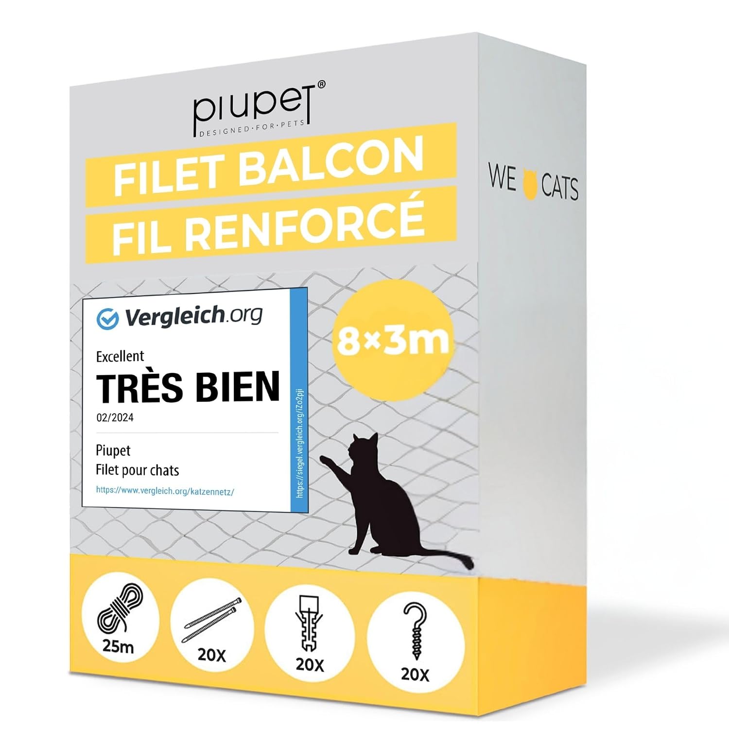 PiuPet® Cat Net Wire-Reinforced 8x3m Black Netting for Balcony and Window | Ideal for Catio and Cat Window Guard