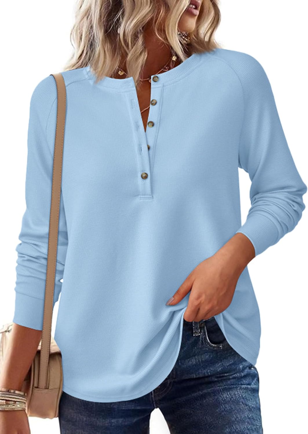 PRETTYGARDEN Women's Long Sleeve Waffle Knit Henley Shirts | Button Down Raglan Top, Loose Fit Cozy Basic Tees, Comfy Clothes, Casual Pullover Tunic for Spring, Fall, Winter Layering