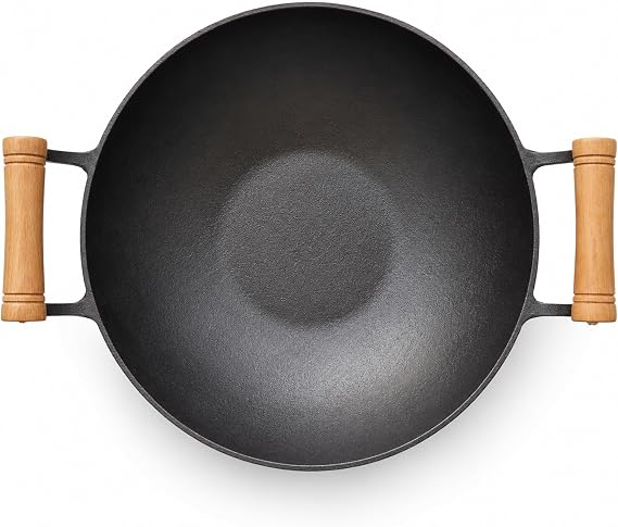 Silk Route Home Non-Stick Cast Iron Wok 32cm - Heavy Duty Pre-Seasoned Stir Fry Pan with Heat Resistant Beechwood Handles for Asian Cooking, Noodles, Curries & Deep Frying