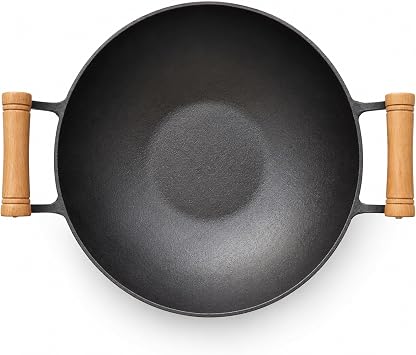 Silk Route Home Non-Stick Cast Iron Wok 32cm - Heavy Duty Pre-Seasoned Stir Fry Pan with Heat Resistant Beechwood Handles for Asian Cooking, Noodles, Curries & Deep Frying