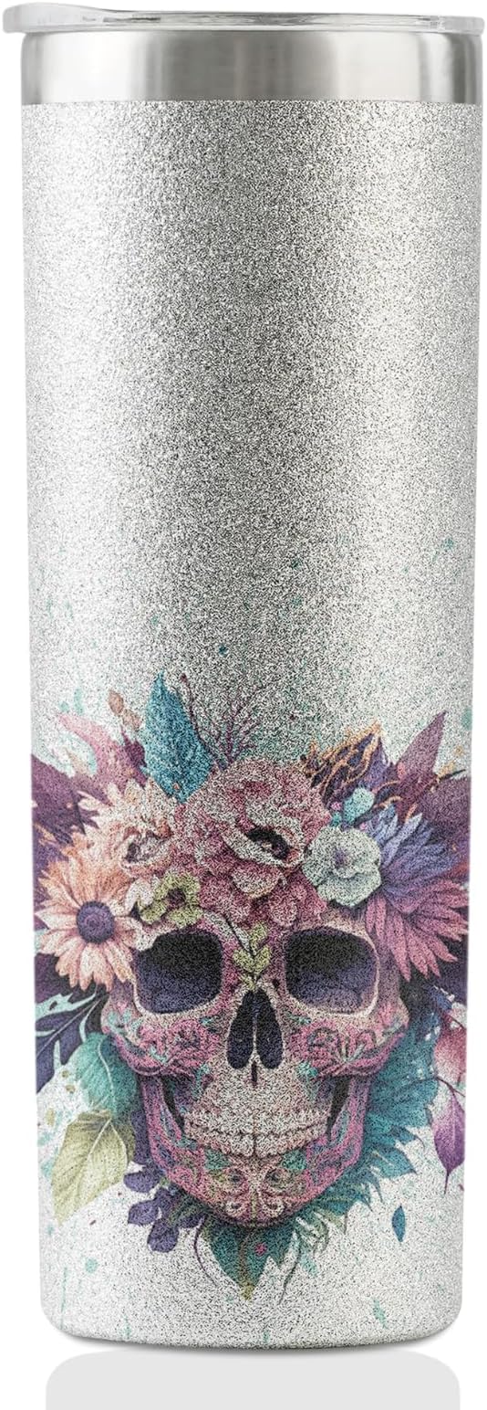 Onebttl Sugar Skull Gifts for Women, Day of the Dead, 20 oz Skinny Tumbler with Lid, Brush, and Straw, Mexican Gifts, Silver Glitter