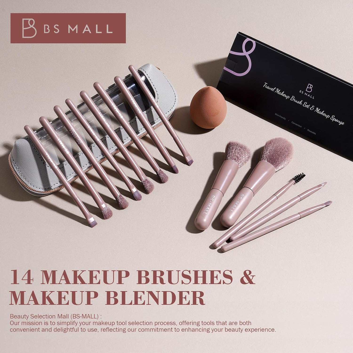 BS-MALL 14 Pcs Makeup Brushes Set with 1 Pcs Makeup Sponge – Essential Foundation Powder Concealers, Eye Shadows, Blush Makeup Brushes with Travel Makeup Case (Brown) thumbnail 2