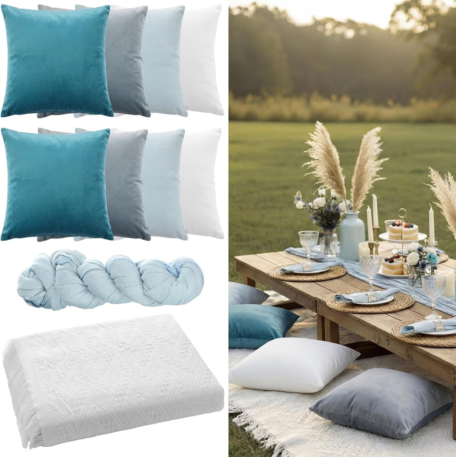 Moukeren 10 Pcs 71''x102'' Extra Large White Outdoor Boho Picnic Blanket with Table Runner 8 Blue Throw Pillow Cover Oversized Washable Portable Beach Blanket for Valentine Picnic Camp Lawn Wedding