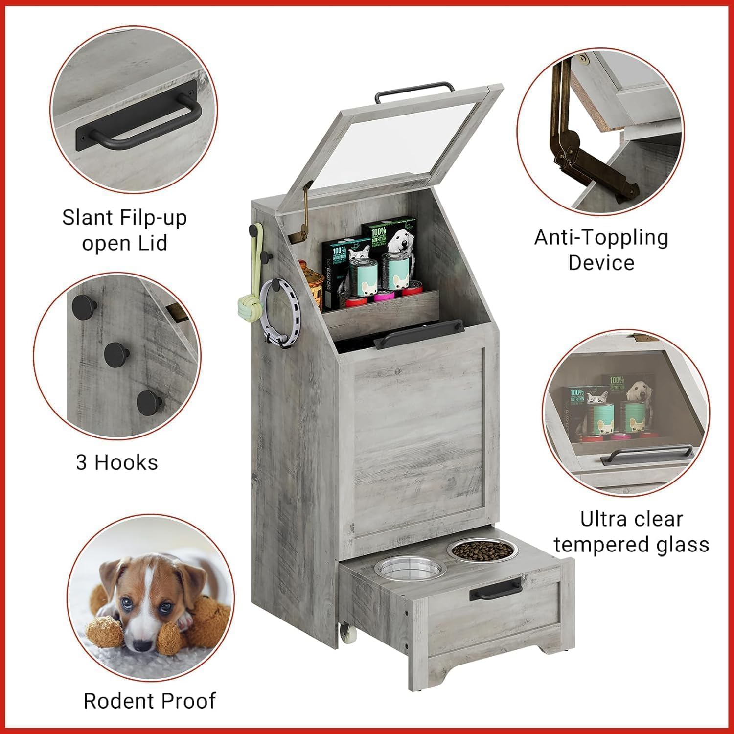 Station d'alimentation pour Chien, Meuble d'armoire Alimentaire avec 2 gamelles surélevées pour Chien, Couvercle Rabattable, Grand Espace pour Nourriture Et Jouets–Meuble en Bois élégant