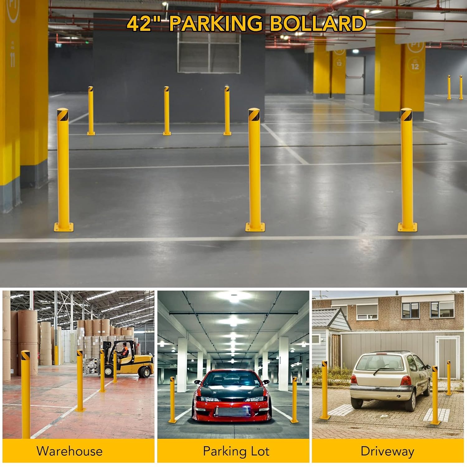 4 Packs 42 Inch Safety Bollard Post, 4.5 Inch Diameter Steel Pipe Bollard with 16 Anchor Bolts, Heavy Duty Yellow Steel Bollard for Parking Lot Security, Driveway Barrier, Warehouse Entrance