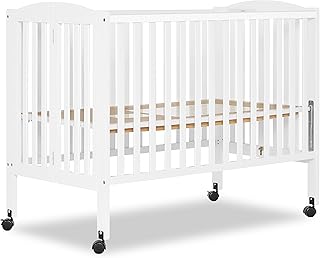 Dream On Me Full Size 2-in-1 Folding Stationary Side Crib In White, Locking Wheels, Folds Flat For Storage, Comes with Teething Guard, Non-Toxic Finish