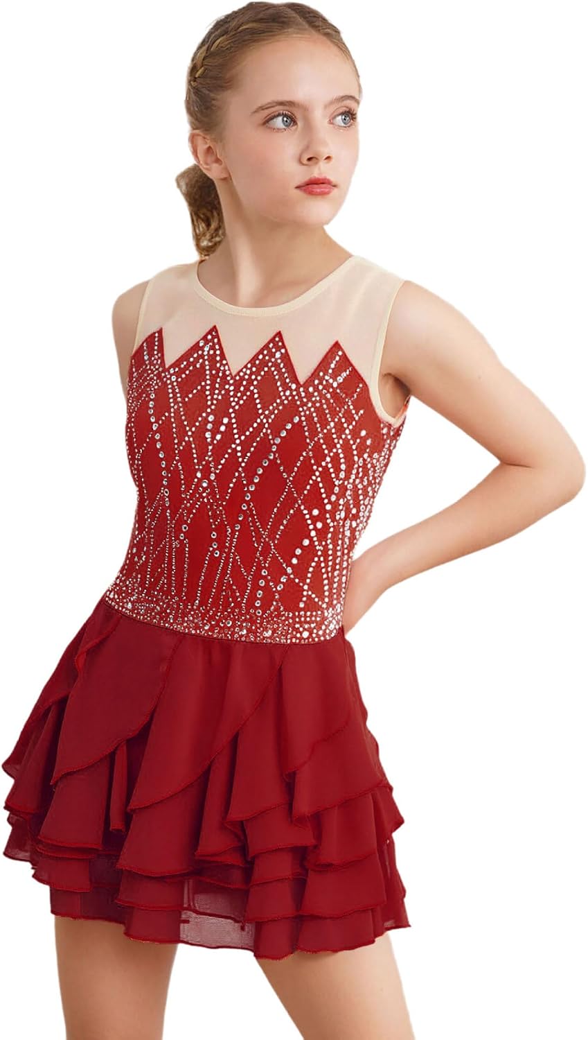 Kids Girls Figure Skating Dress Sparkly Sleeveless Ice Skating Dress Dance Leotard Tulle Skirt or Competition