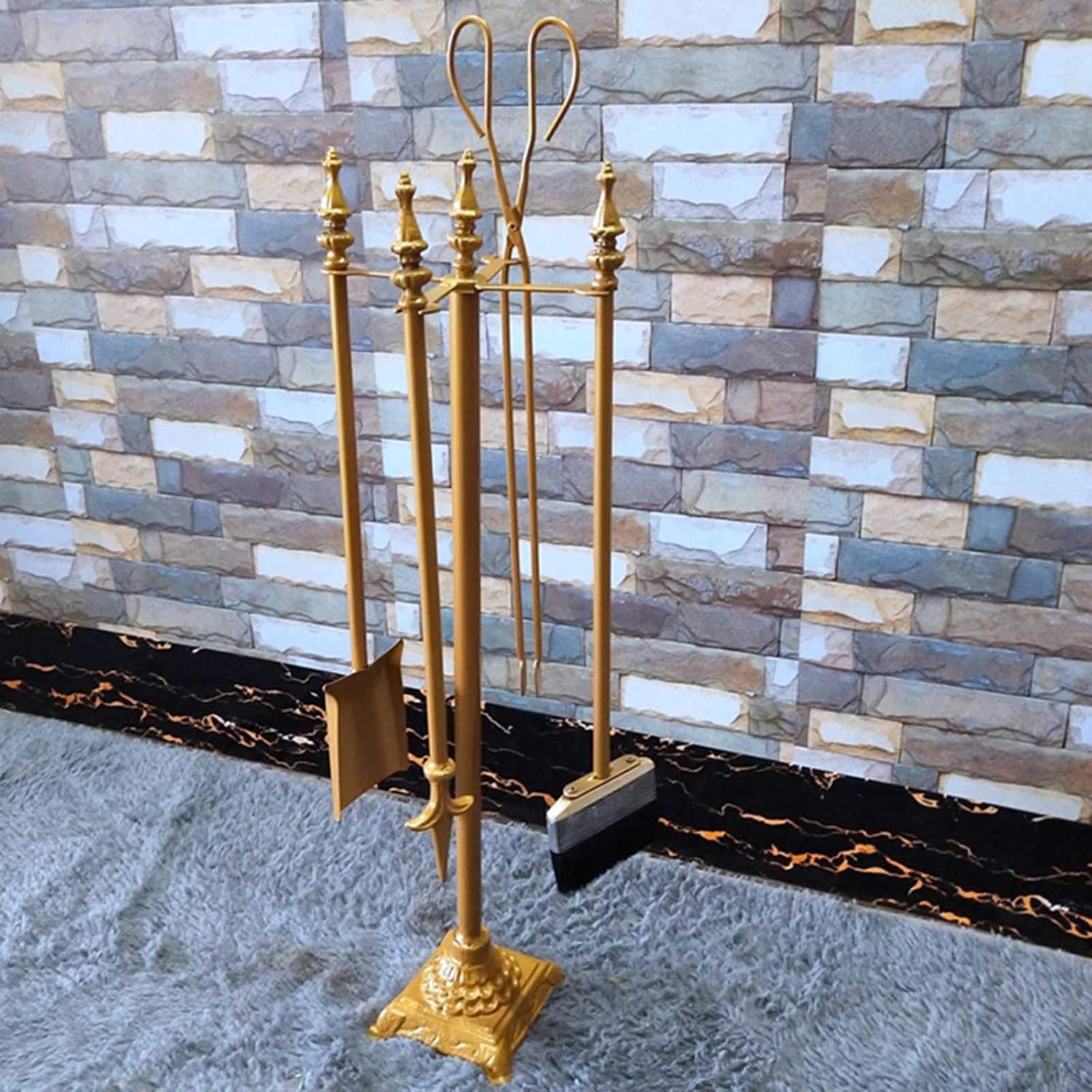 5 Pieces Fireplace Tools Sets/Gold Wrought Iron Indoor Outdoor Fireside Fire Pit Stand, Tongs Shovel Antique Brush Poker Accessories,Black