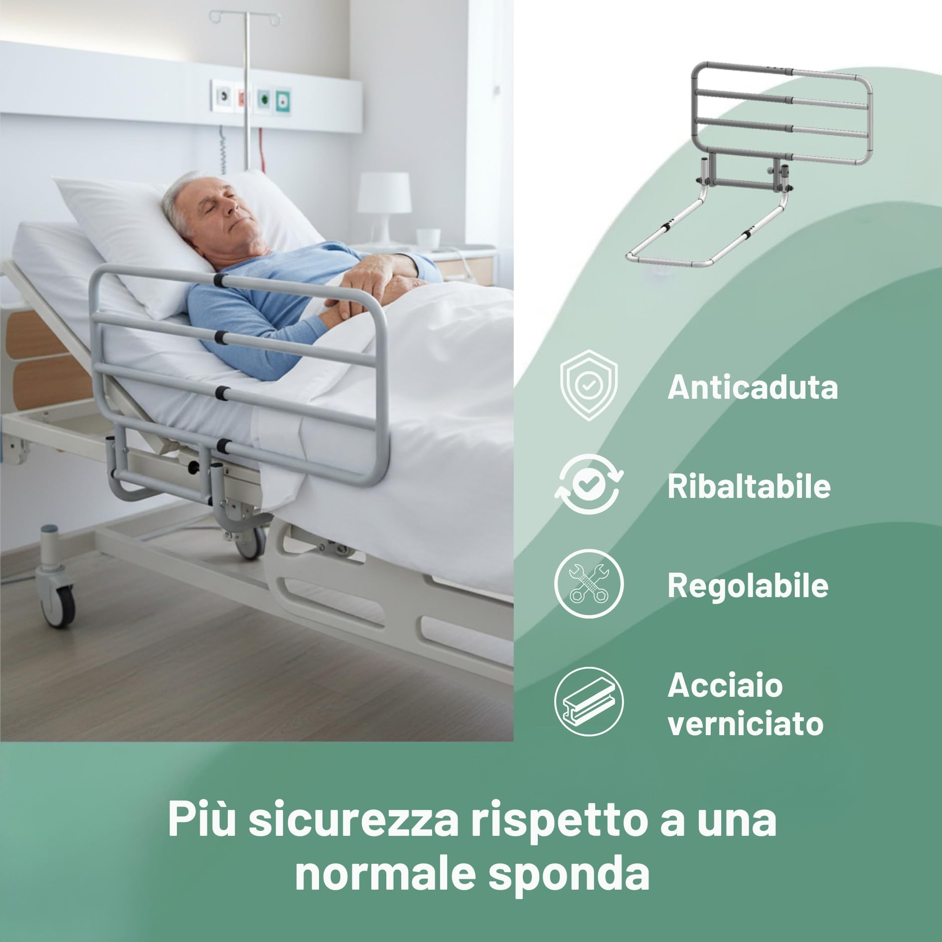 Sponda Letto Matrimoniale Universale Anticaduta, Sponda Letto Anziani e Disabili Ribaltabile e Regolabile - 67–105 cm