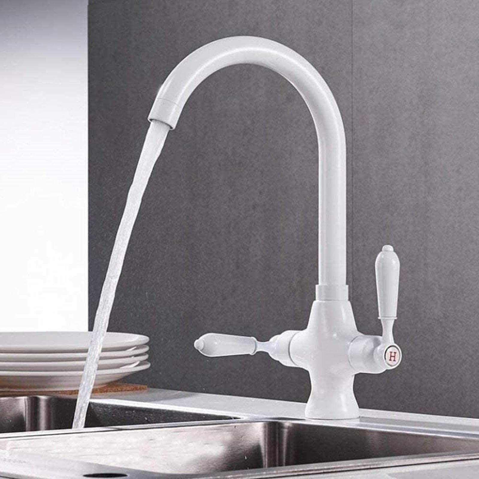 Robinets d'eau chaude et froide mitigeur de lavabo double évier laiton-argent double poignée