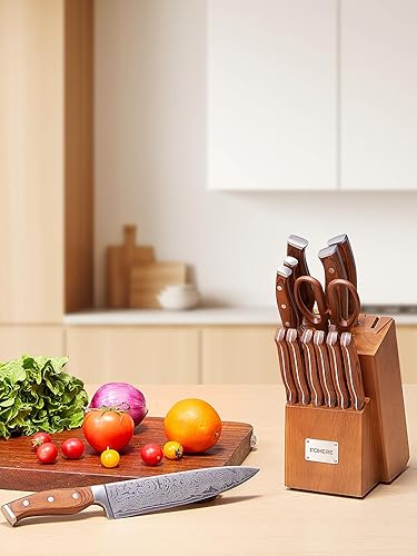 Miniatura 7 de Juego de cuchillos de cocina de 14 piezas con bloque de madera, acero inoxidable de alto carbono, juego de bloques de cuchillos autoafilables con