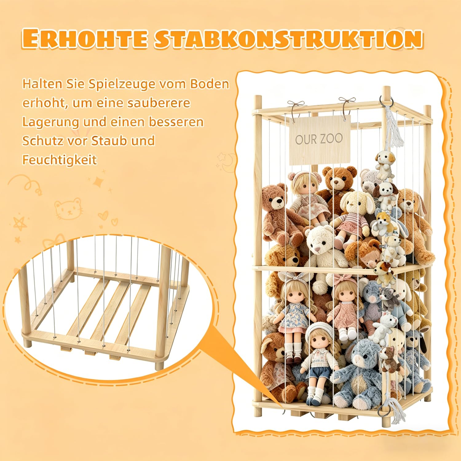 JINDUN Kuscheltier Aufbewahrung Aus Holz, 95cm Höhe Aufbewahrung Kuscheltiere, mit Stofftier AufbewahrungHängend, für Kinderzimmer/Wohnzimmer