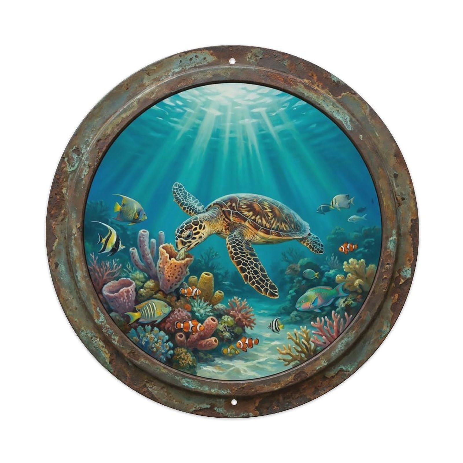 Vintage Porthole Hawksbill Feeding Ship Window Undersea Deep Sea Metal Tin Sign