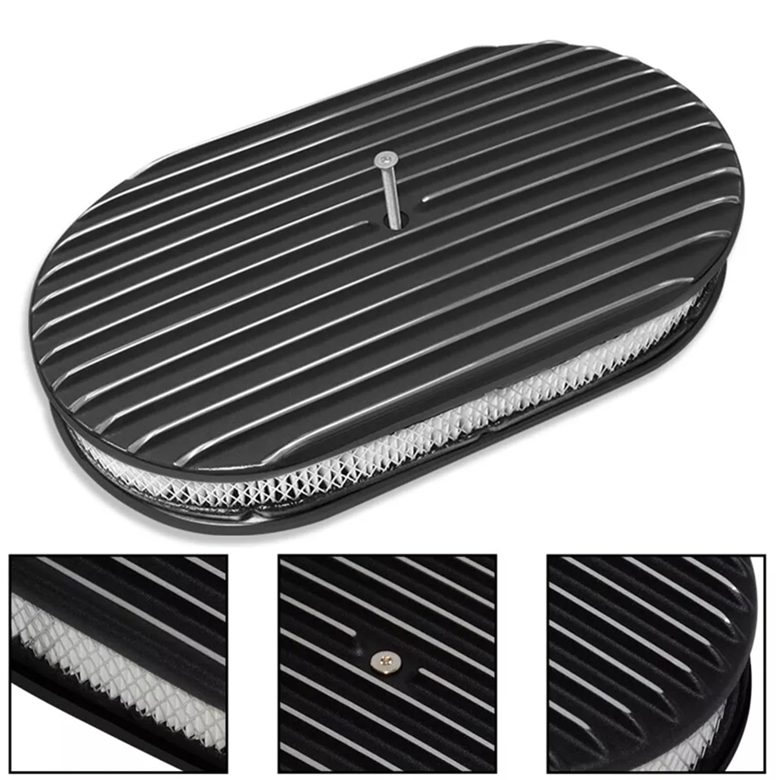 BestParts 15" Oval Full Finned Black Aluminum Air Cleaner Compatible With Classic Chevy Ford Hot Rod Rat Rod Muscle Car or Custom Car Fits 5 1/8"