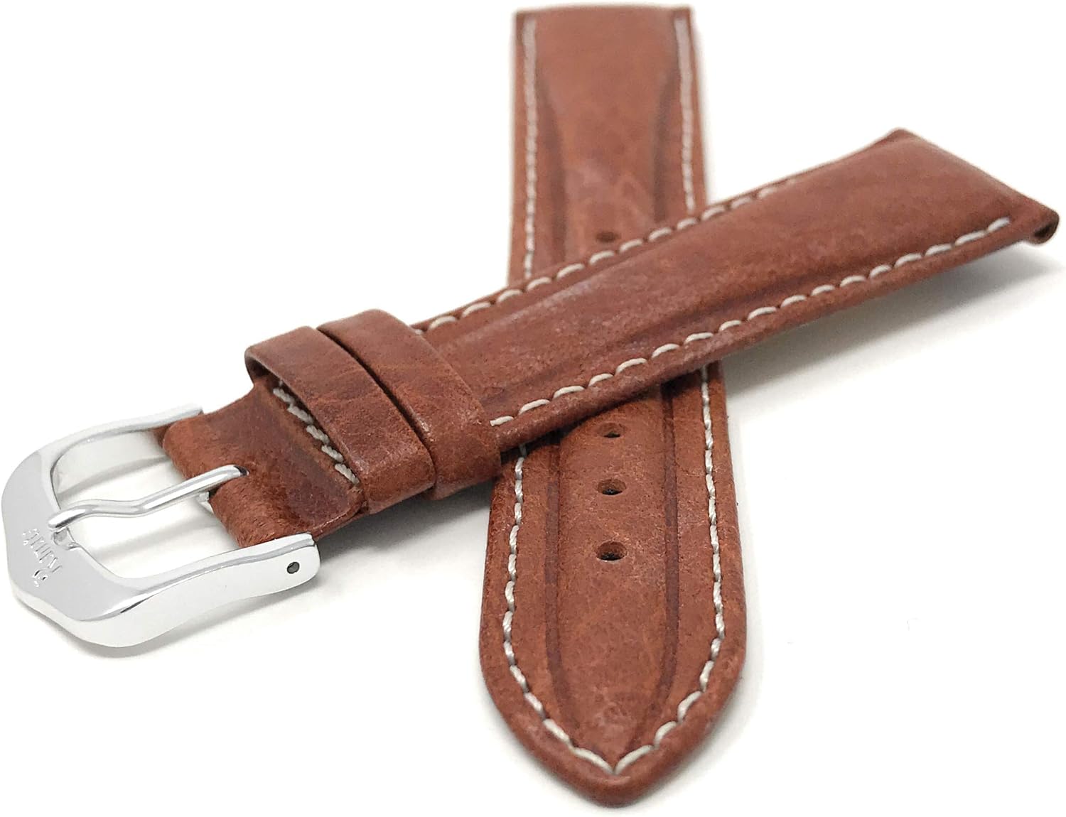 Bandini Leather Watch Band Strap, Grained Pattern, Center Padded, Stitching, Thin, 5 Colors (16mm, 18mm, 20mm)