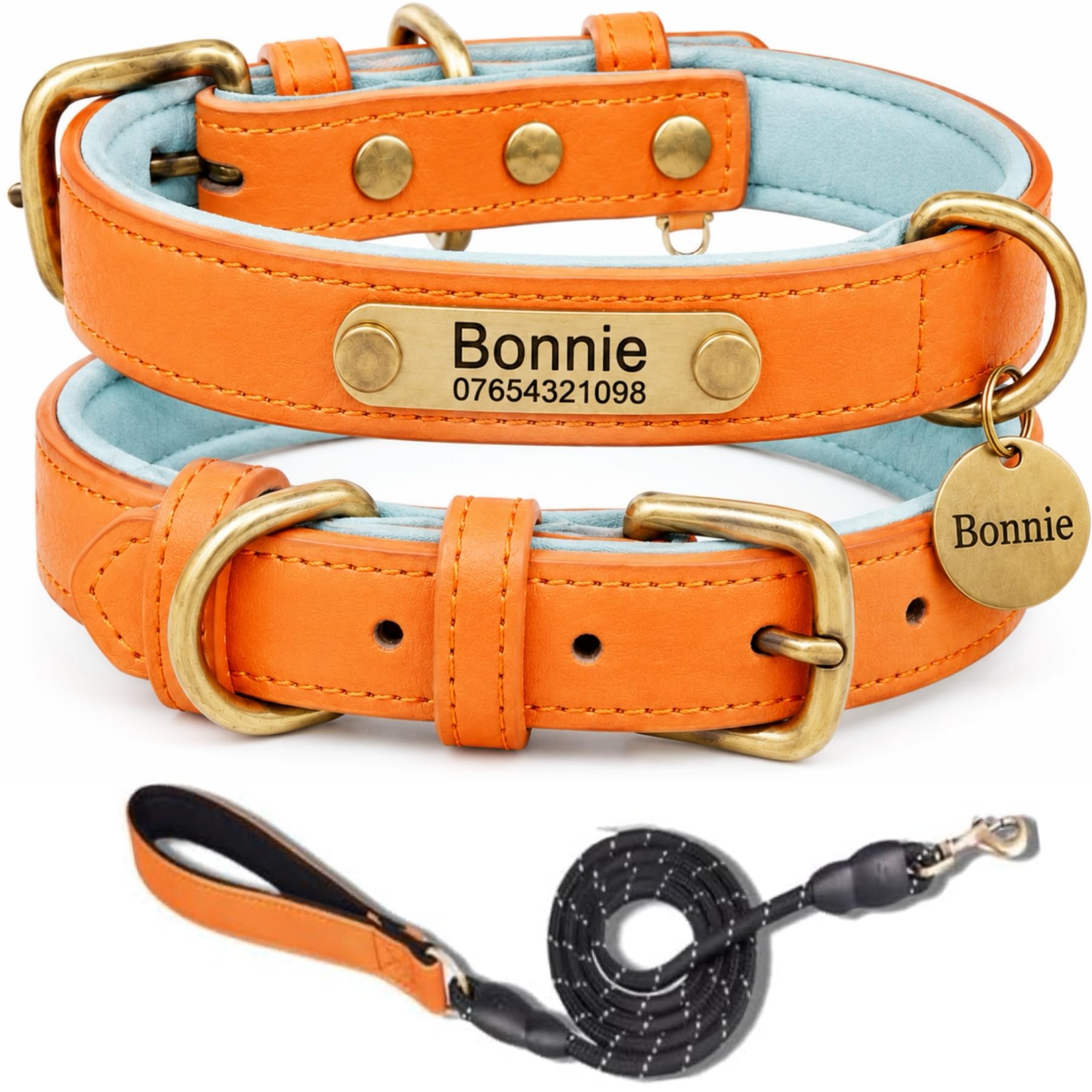 Personalised Leather Dog Collar and Lead Set with Engraved Name ID Plate, Adjustable Comfort Design for Small Medium and Large Dogs, Custom Dog Walking Collar Set — image 1