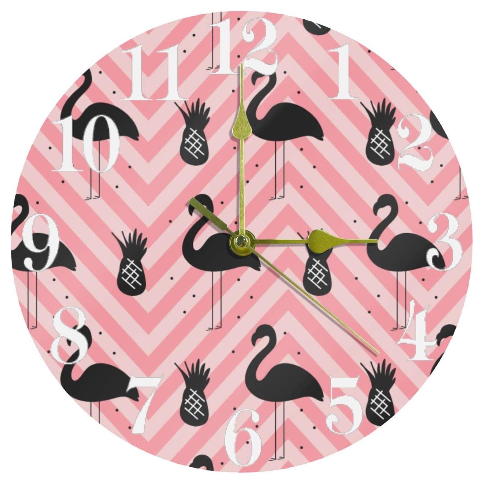 Horloge murale Flamant rose ronde 25,4 cm silencieuse à piles pour la cuisine et la maison