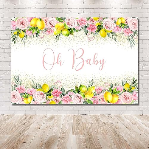 Miniatura 5 de MEHOFOND Telón de fondo de baby shower de limón de 7 x 5 pies para niña Oh Baby rosa floral dorado con purpurina de confeti de fondo para