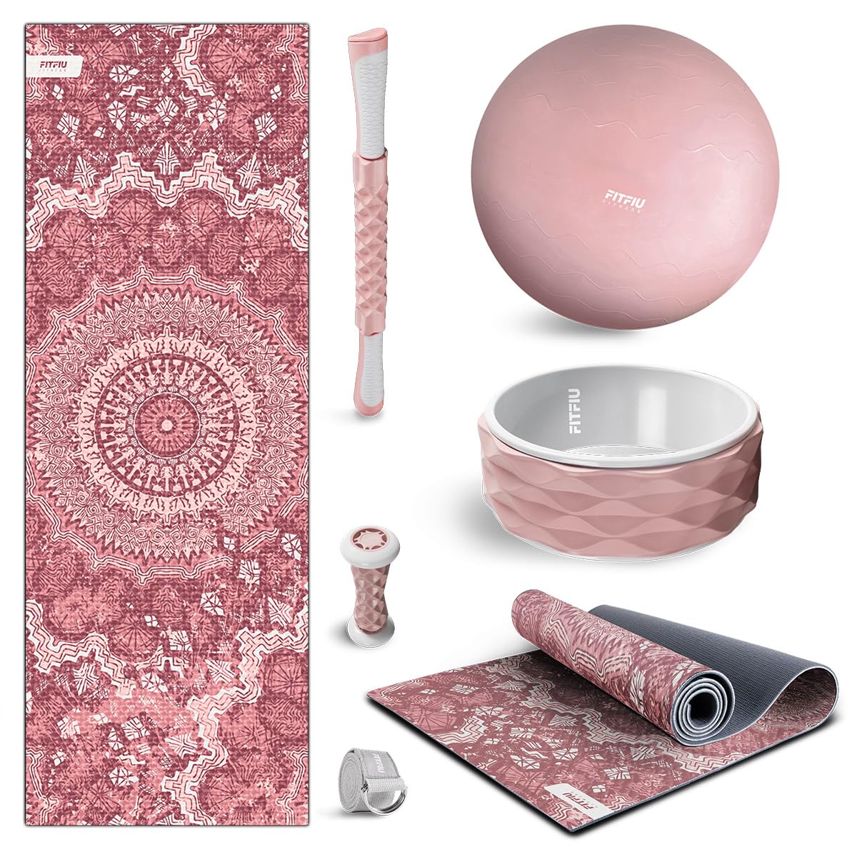 Fitfiu Fitness KITWELL-​500 Pack de 5 Accessoires Yoga Pilates Couleur Rose avec Tapis, Bloc, Roue, Sangle et Balle Inclut Guide d'Exercices Wellness