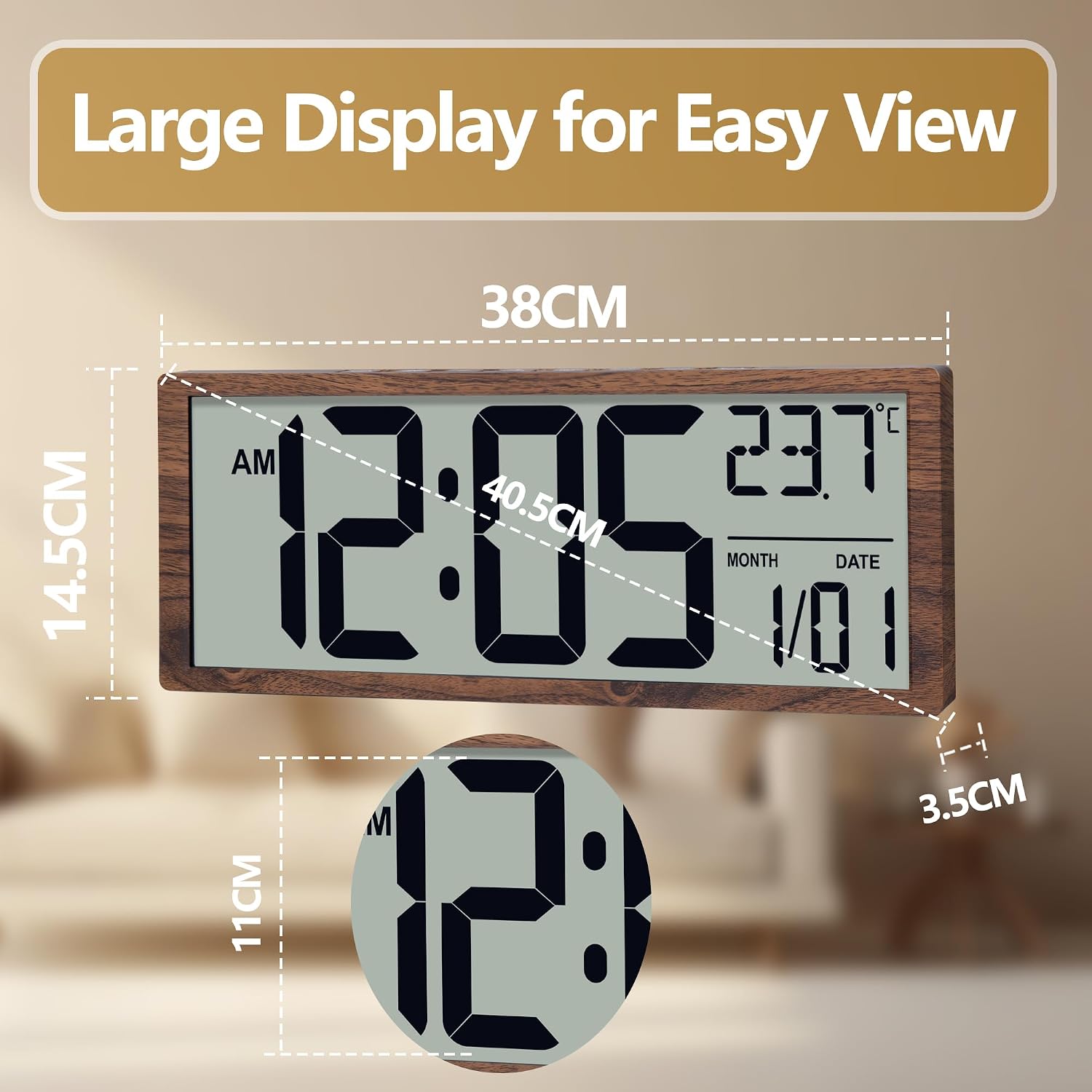 Maxstar Large Digital Wall Clock, 16" Display Battery Operated Alarm